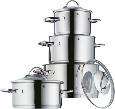 WMF Pot Set 4-Piece Provence Plus Pouring Rim Glass Lid Cromargan Stainless Steel Polished Suitable for Induction Hobs Dishwasher-Safe