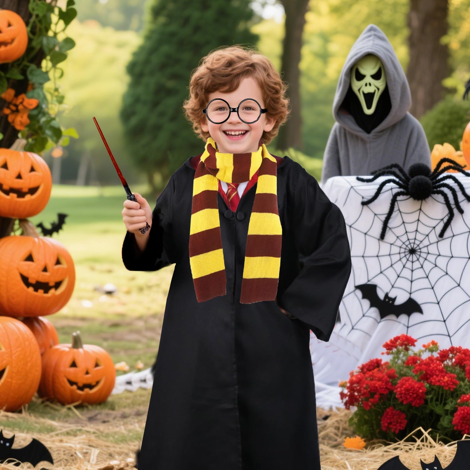 yumcute Magic Costume Cosplay Set for Kids Wizard Robe Outfits with Wand Scarf Tie Glasses Accessories Boys Girls Magician Costumes Gifts for Halloween World Book Day Cosplay Fancy Dress Party (155) - Image 3