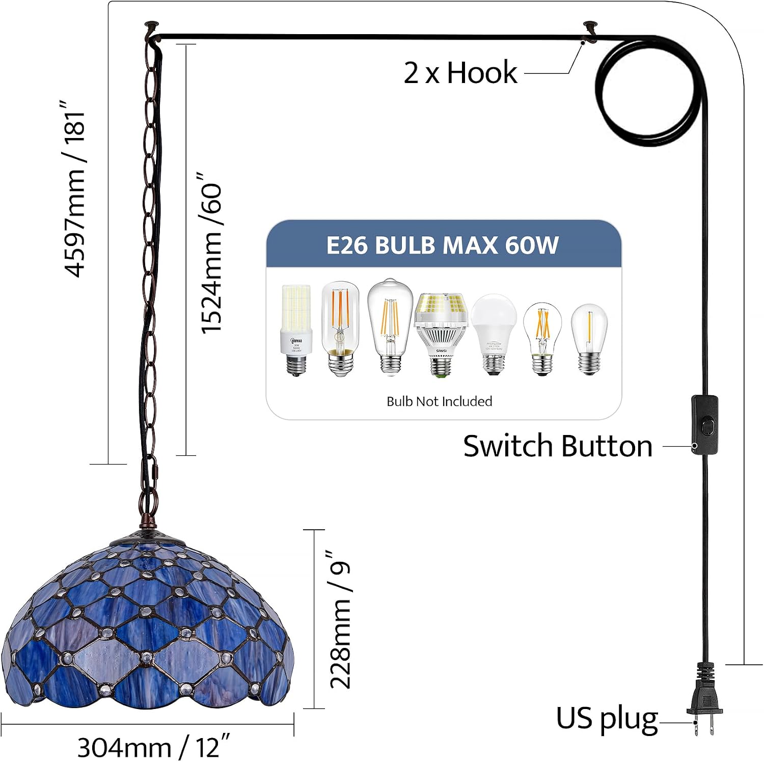 Tiffany Style Stained Glass Pendant Light Plug in, 12" Wide Pearlescent Design Hanging Lamp, 60 Inch Chain 15 Feet Cord Living Dining Room Bedroom Kitchen Home Office (Deep Blue)