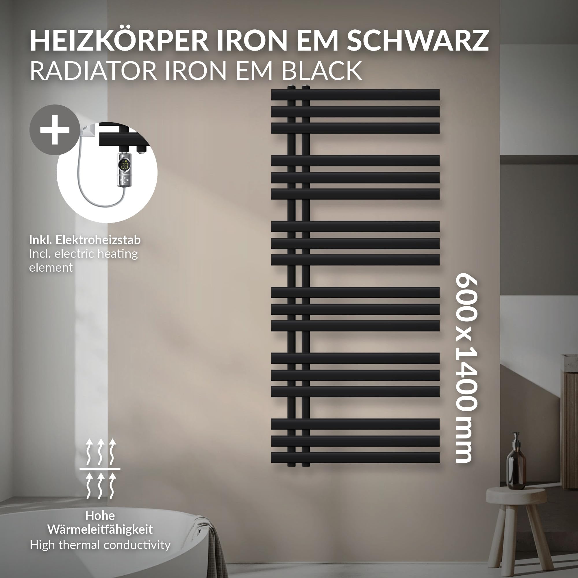 LuxeBath Radiador Eléctrico Iron EM 600 x 1400 mm Negro Mate, Estufa Toallera Vertical con Elemento Calefactor 1200W Termostato de Pantalla Digital, Calentador de Pared de Diseño Moderno para Baño