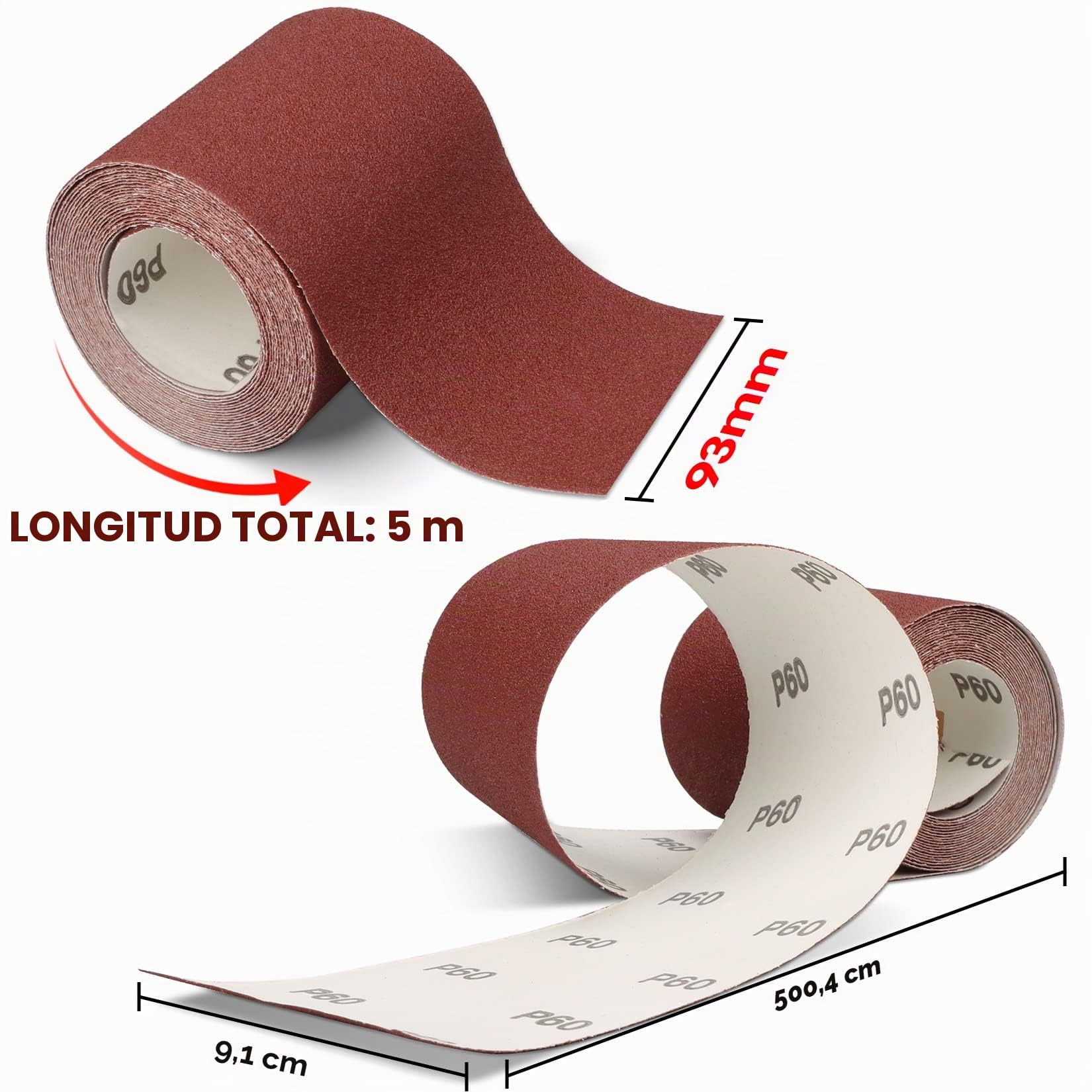 SHALL Juego de 5 rollos de papel de lija de 9,3 cm x 5 m, grano 60/80/120/180/240, papel de lija de óxido de aluminio para lijar, pulir y eliminar el óxido