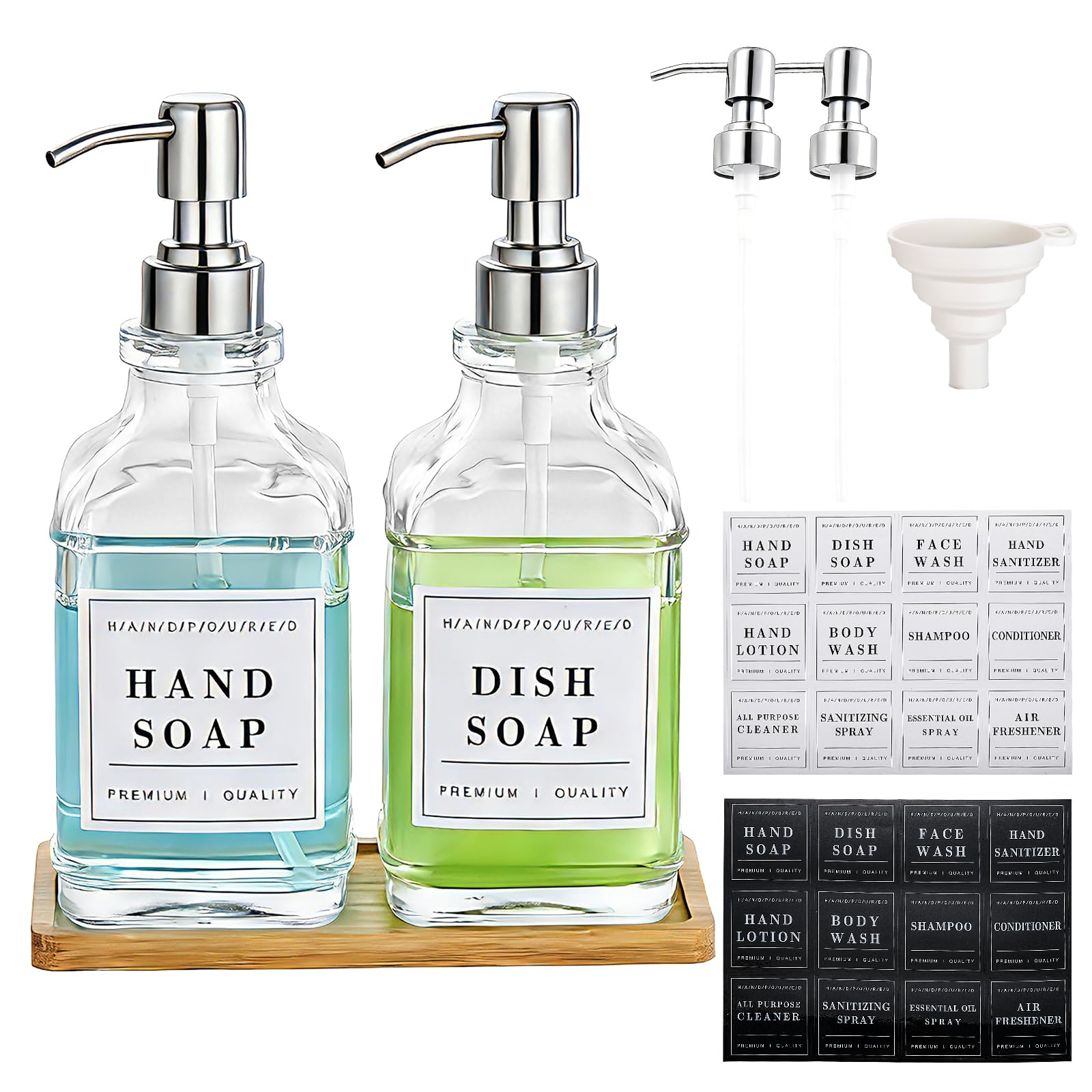 Pollock Dispensador Jabon Baño, 2 Piezas, 500 ml, con Bomba Plata de Acero Inoxidable, Botellas de Champú para Rellenar, Dispensador Gel y Champu Ducha con 24 Etiquetas Impermeables para Cocina y Baño Global Recycled Standard Global Recycled Standard Global Recycled Standard