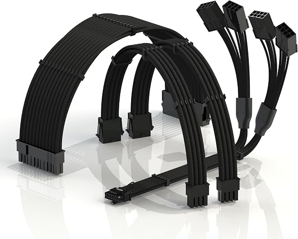 LINKUP - AVA 4 en 1 Adaptadores de Potencia 12VHPWR PCIE 5.0 | 600W 16AWG | para Todas Las Fuentes de Alimentación | Clasificación UL, Funda Trenzada | Kit de 4 Piezas para GPUs RTX4000 | 40cm Negro - 1