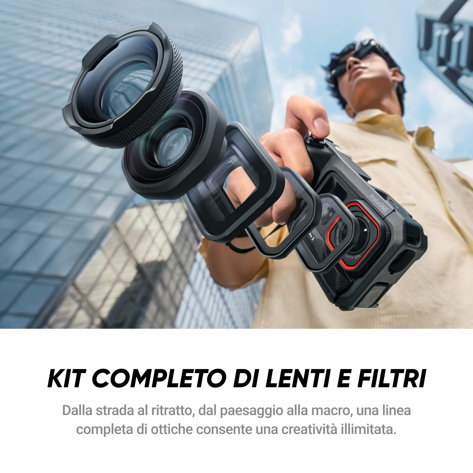 Insta360 Ace Pro 2 Pack Videomaker definitivo. Action cam 8K con Leica, Kit impugnatura Xplorer Pro, lenti cinematografica e primi piani, lente ultragrandangolo, filtro Black Mist, filtro stellare