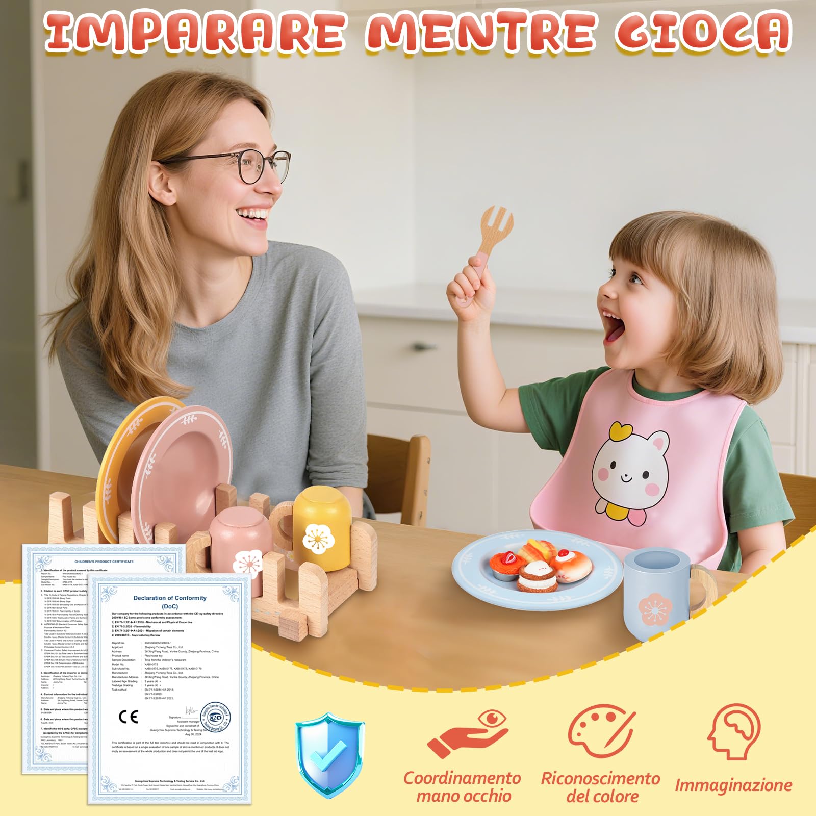 Charmofun Accesorios de Cocinita de Madera para Niños, Juguetes de Cocina de Madera, Accesorios Cocina Juguetes con Platos y Vajilla Regalo para Niñas y Niños de 3 a 8 Años