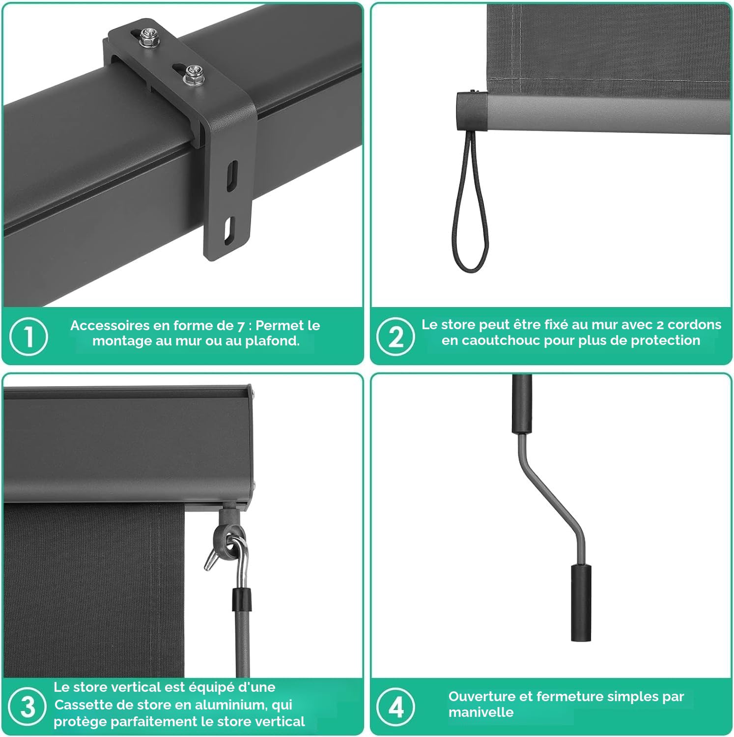 LIFERUN Store vertical extensible à manivelle, 140 x 250 cm, avec cassette, protection solaire, coupe-vent et brise-vue avec manivelle, pour balcon et terrasse - Gris