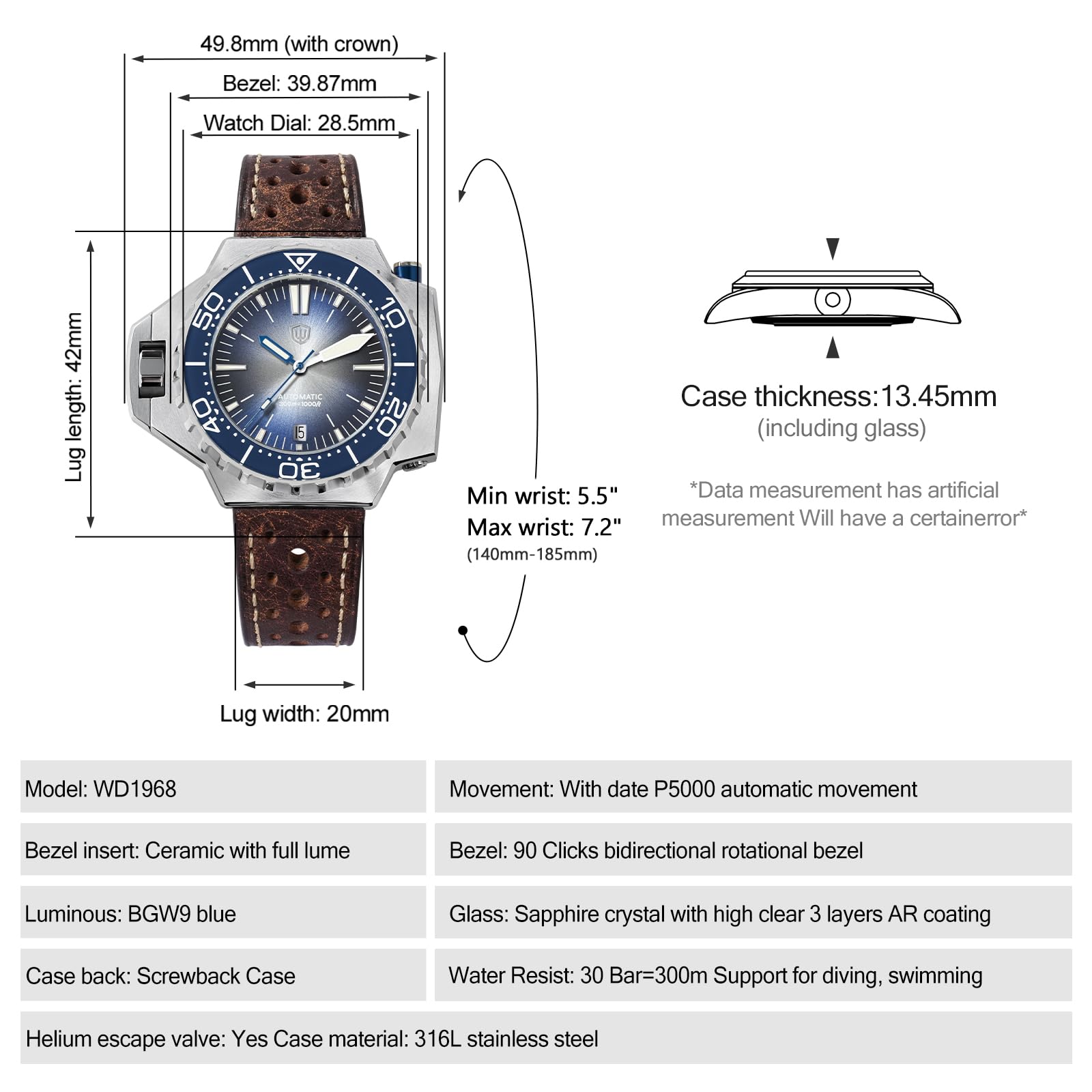 watchdives WD1968 - Orologio subacqueo da uomo, PT5000 PT5004, automatico, 49,8 mm, vetro zaffiro, BGW9, luce blu, impermeabile, con cinturino in pelle