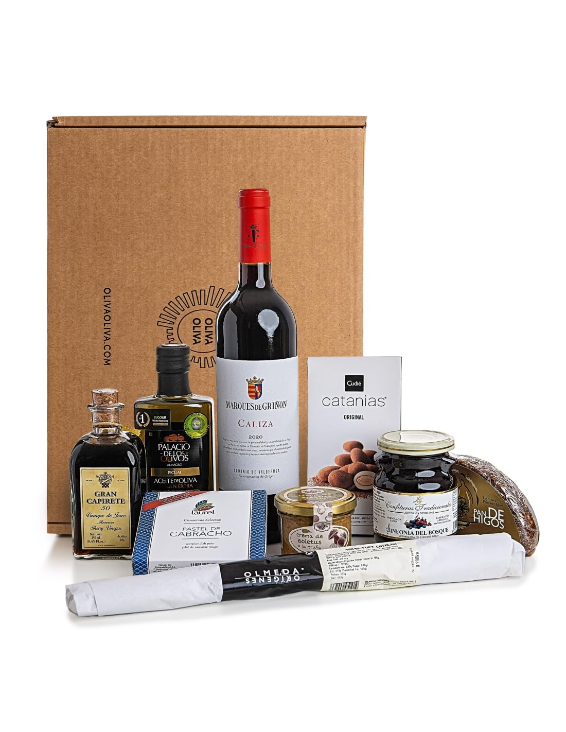 Cesta Gourmet Regalo OLIVA PREMIUM - Aceite Virgen Extra Palacio de los Olivos, Vino Valdepusa Marqués de Griñón, Capirete, embutidos ibéricos, conservas, Pastel de Cabracho y dulces gourmet
