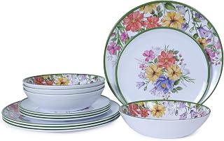 12 Piece Floral Melamine Dinnerware Sets, Green Camping Dishes Set, Spring Lightweight Plates and Bowls Sets, Service for 4, Unbreakable Dishwasher Safe Dish Set for Indoor & Outdoor Use