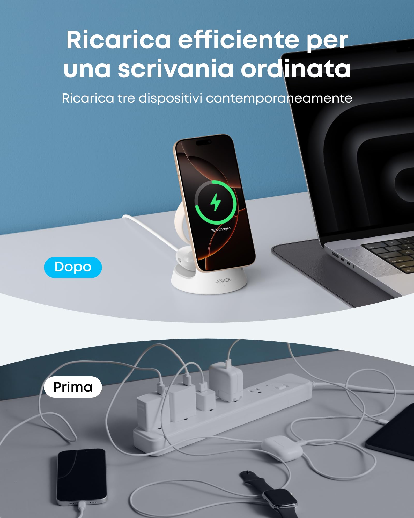Anker MagGo Caricatore Wireless iPhone Magnetico 15W (Dock Stand), Caricatore Compatibile con MagSafe 3 in 1 Certificato Qi2, per iPhone 17/16/15, Apple Watch, AirPods Pro e altro (Adattatore Incluso)