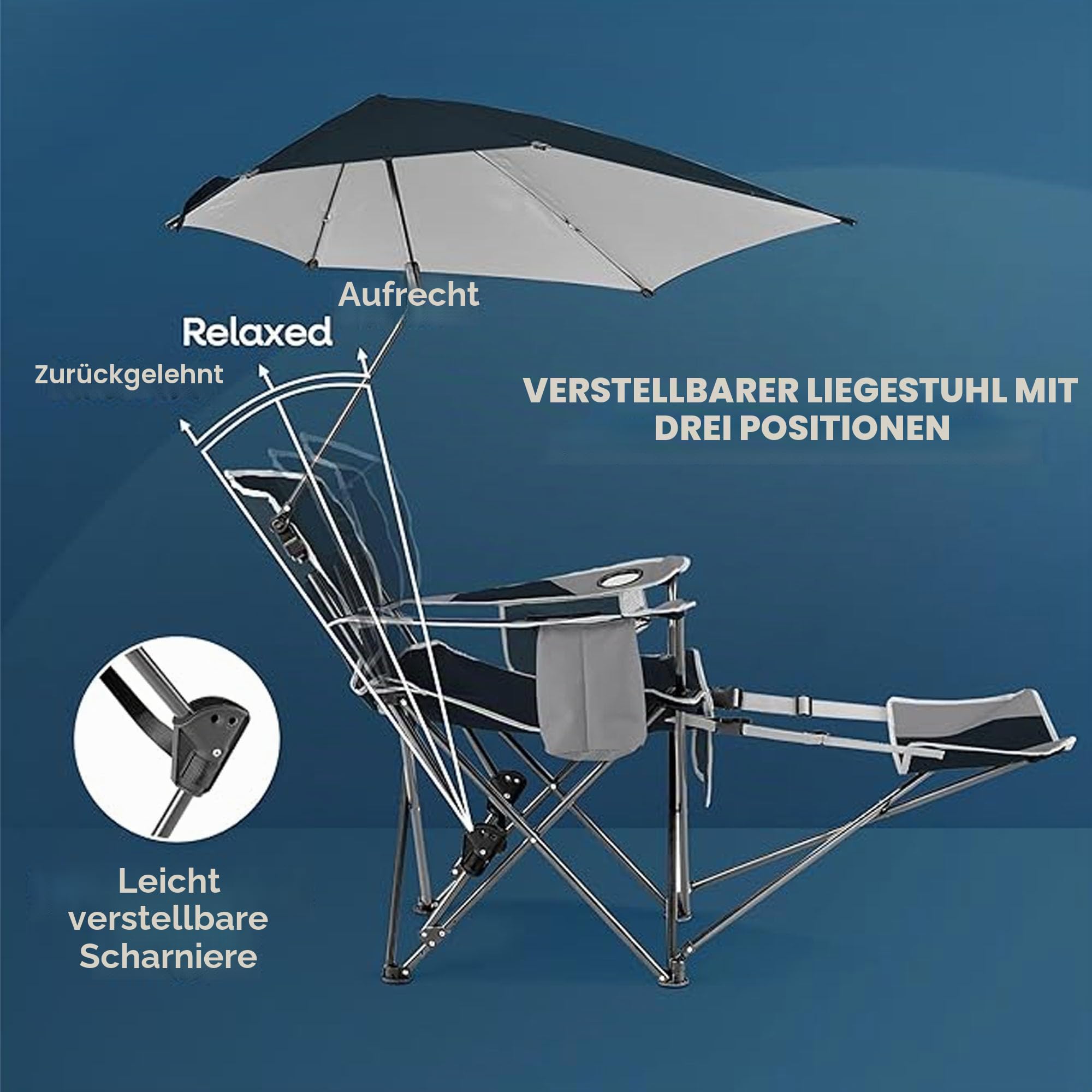 Sport-Brella Tragbarer Strandstuhl mit Kühlfach - Leichter Klappstuhl für Camping, 76 cm, 1 Stück, Ideal für Outdoor-Aktivitäten, Festivals und Entspannung am Wasser - UV-Schutz, Mitternachtsblau