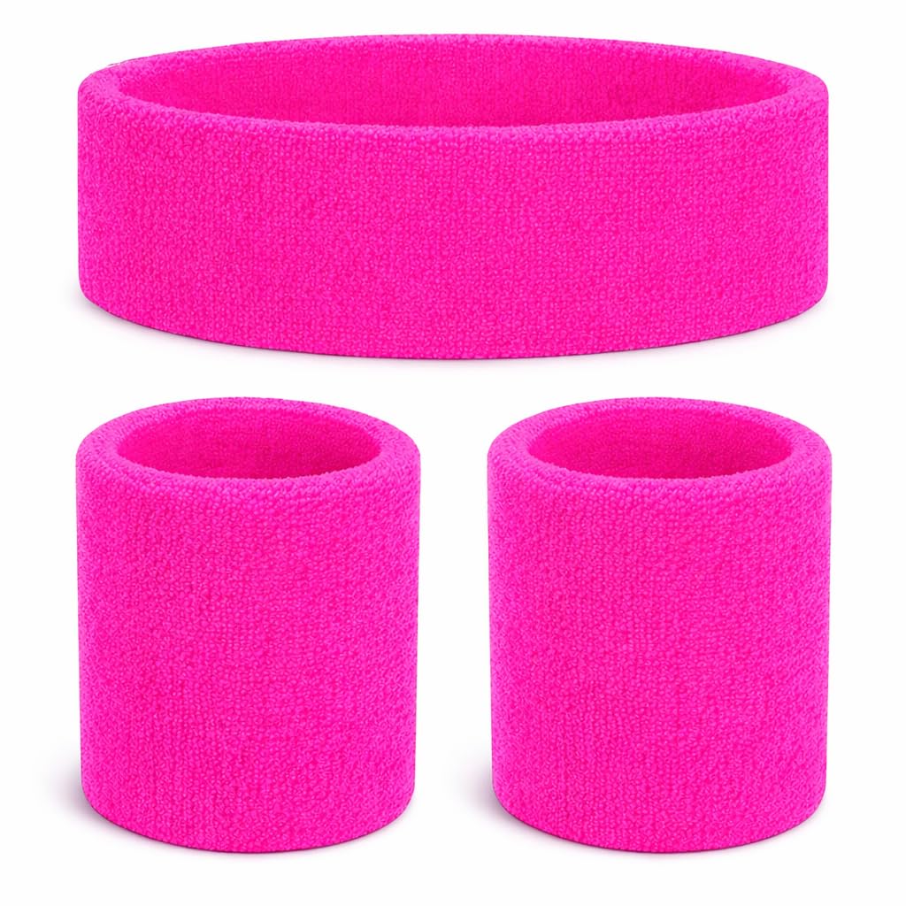 TK Gruppe Timo Klingler 3-in-1 sweatband pink set with headband - as an accessory costume for retro neon 80s 90s carnival and carnival