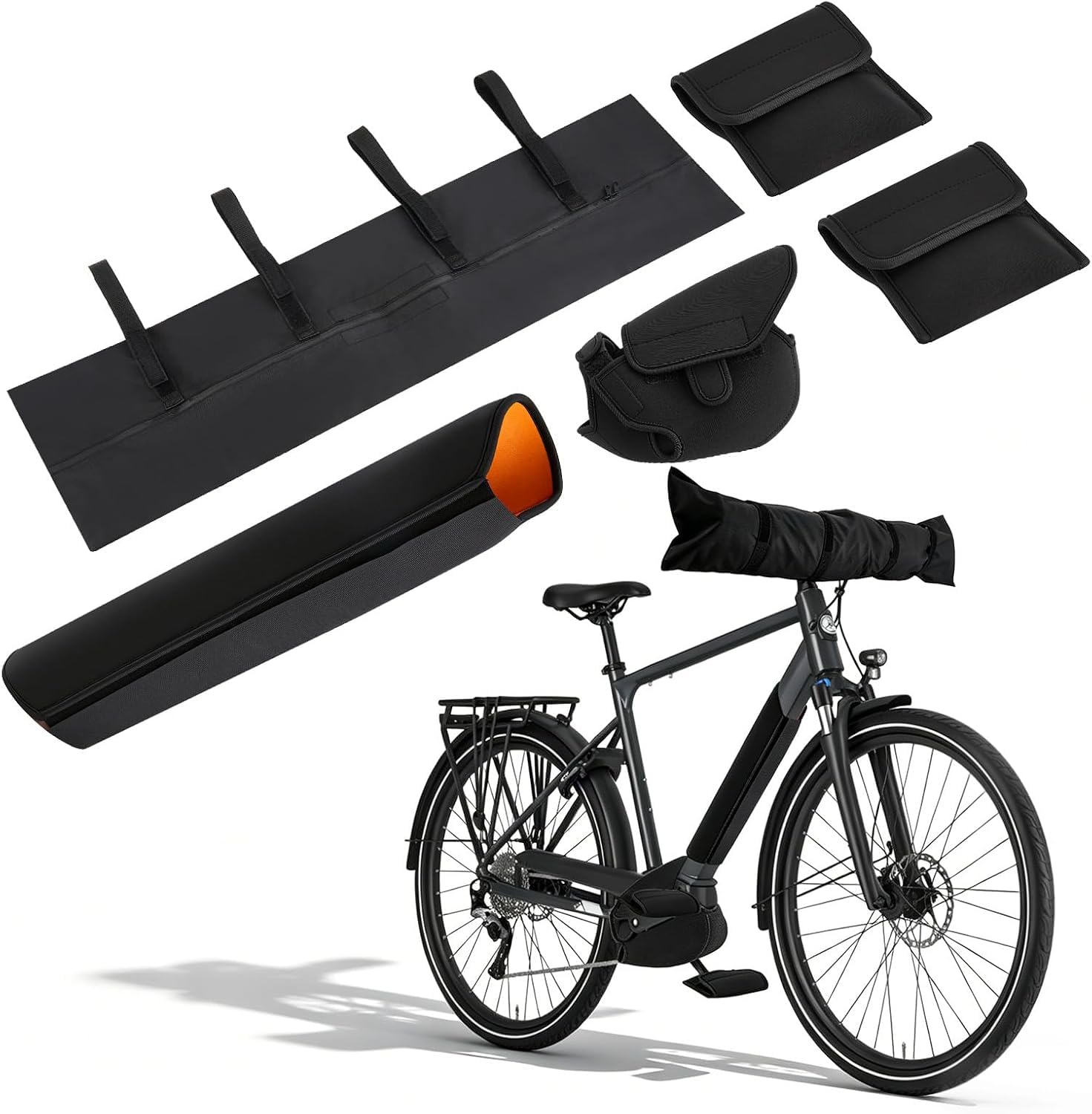 E-Bike - Juego de 5 protectores de batería para bicicleta, funda de motor, funda para manillar y 2 fundas para pedales, fundas de neopreno impermeables, protección contra la lluvia, suciedad y golpes