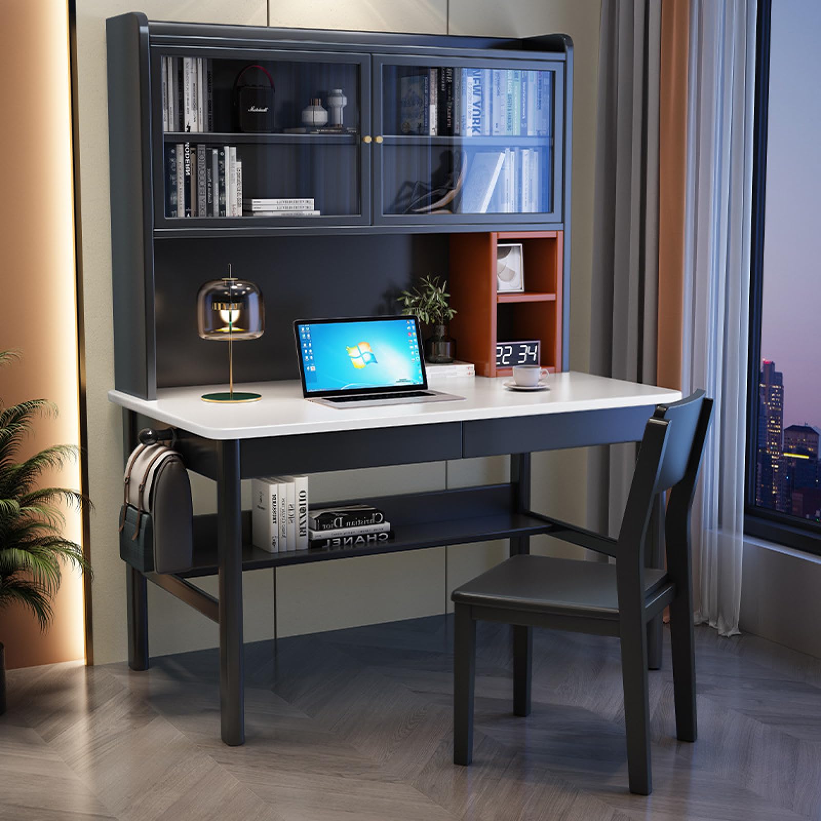WDSOPK Computer Desk with Drawers & Desktop Hutch, Modern Student Study Table/Workstation with Bookshelf for Home Office - Home（Black-39Inch）