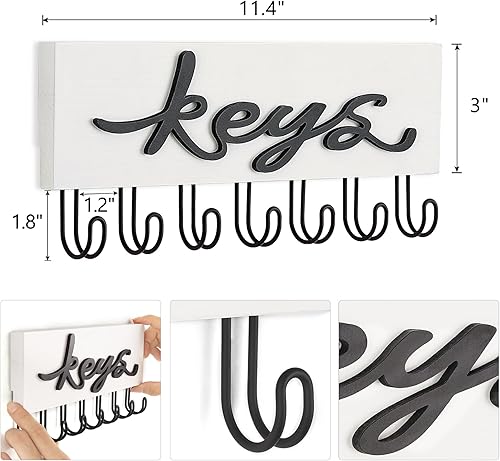 Miniatura 3 de Mkono Soporte para llaves decorativo de pared con 7 ganchos, organizador de llaves montado en la pared, ganchos colgantes de madera rústica, ganchos