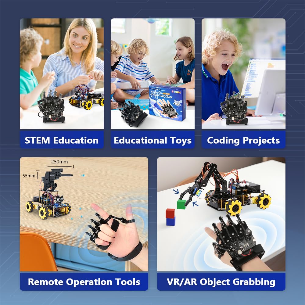 Guanto wireless ESP32 con rilevamento del movimento, supporta Arduino, ACECode e Python, kit robot fai da te, mano meccanica, giocattolo STEM, braccio a cinque dita per codificare, kit robot