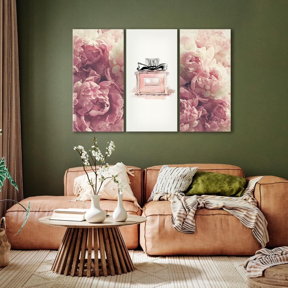 artgeist Acoustic Canvas Wall Art Flower 47x31 in - 3pcs Picture with Acoustic Foam Sound Print Artwork Room Acoustics Soundproofing Peony Nature Perfume Bottle rosa White Abstract b-C-0810-b-e