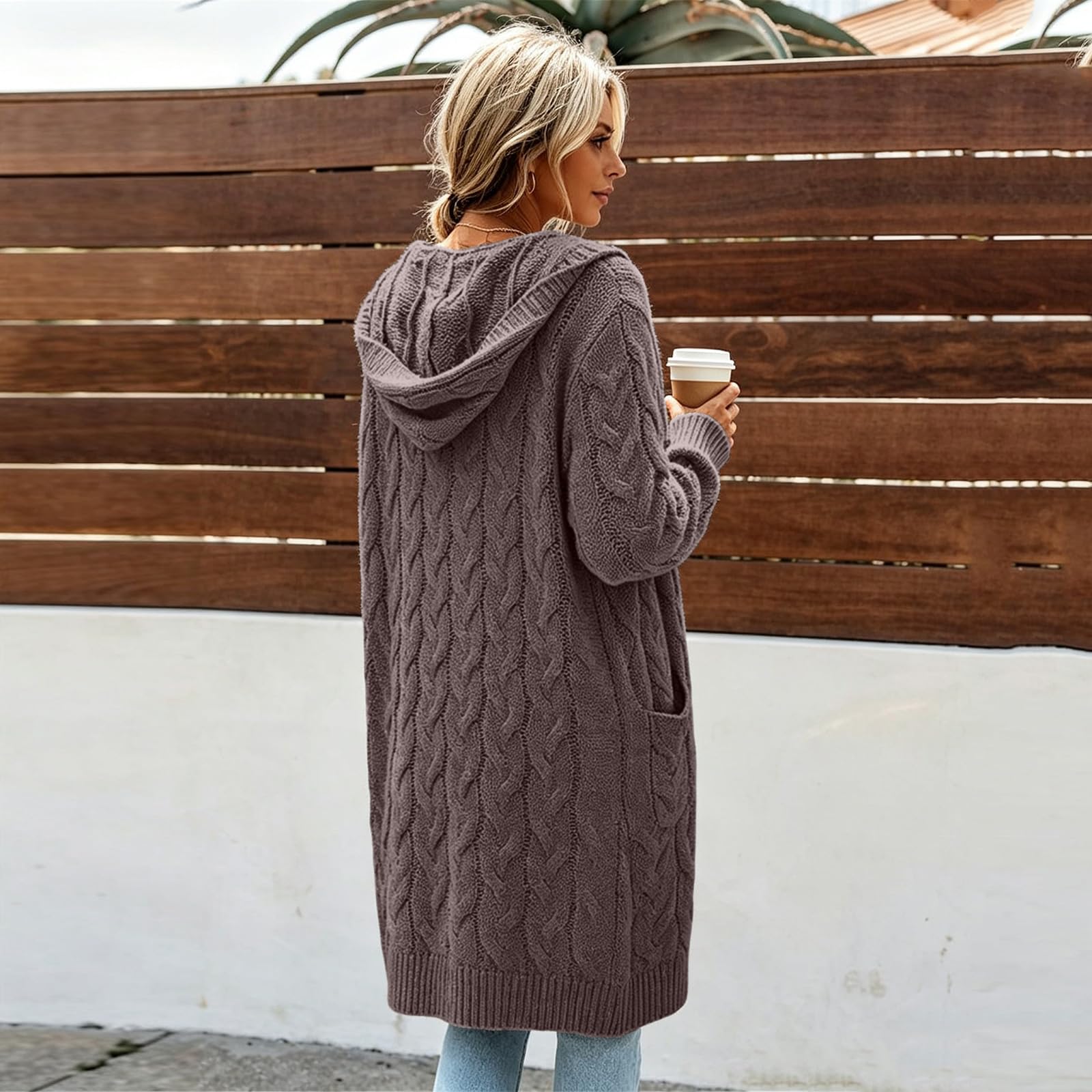 FUPODD Lange Strickjacke Damen Mit Kapuze Cardigan Oversize Grobstrickjacke