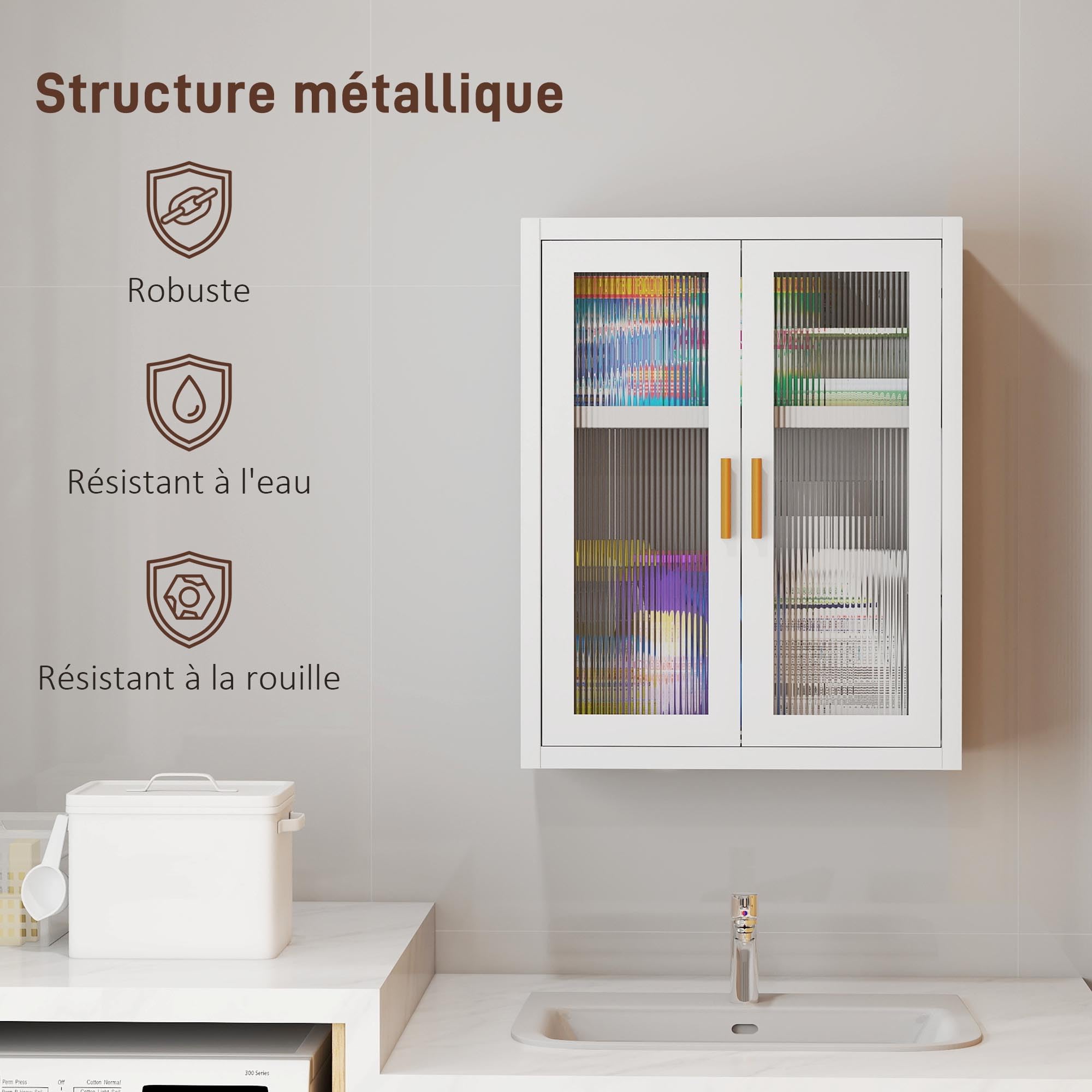 HOMCOM Armoire Murale de Salle de Bain métale, 40 x 14 x 50 cm, Meuble de Rangement Suspendu avec 2 Portes cannelées en Acrylique et étagère réglable, Métal, Blanc