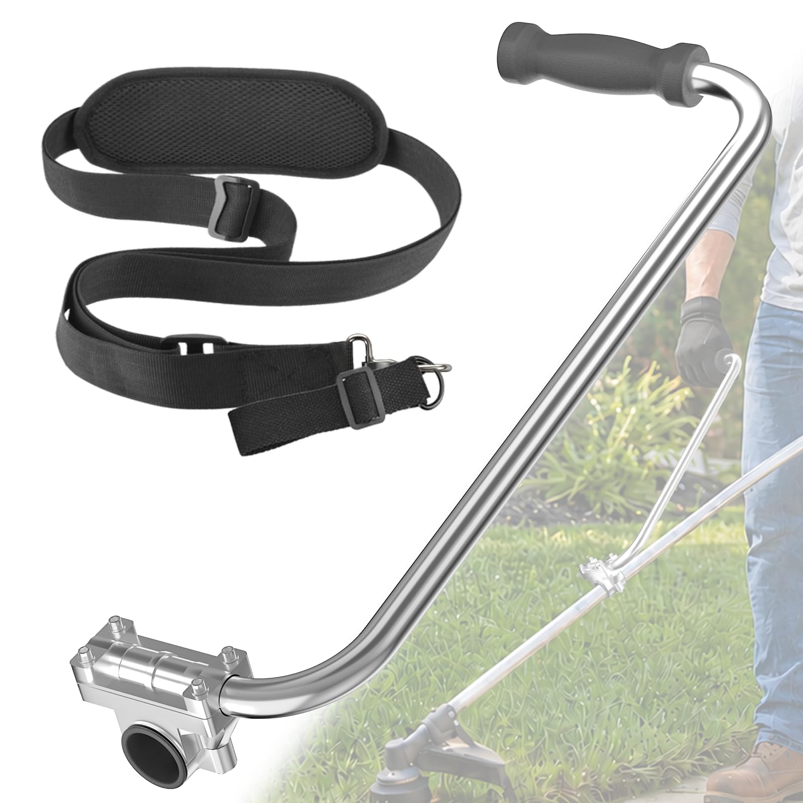 Agarre ergonómico para recortadora de hilo con arnés de correa de hombro: extensión de mango para cuidado de césped y patio, abrazadera de soporte incluida para herbicidas, paisajismo,