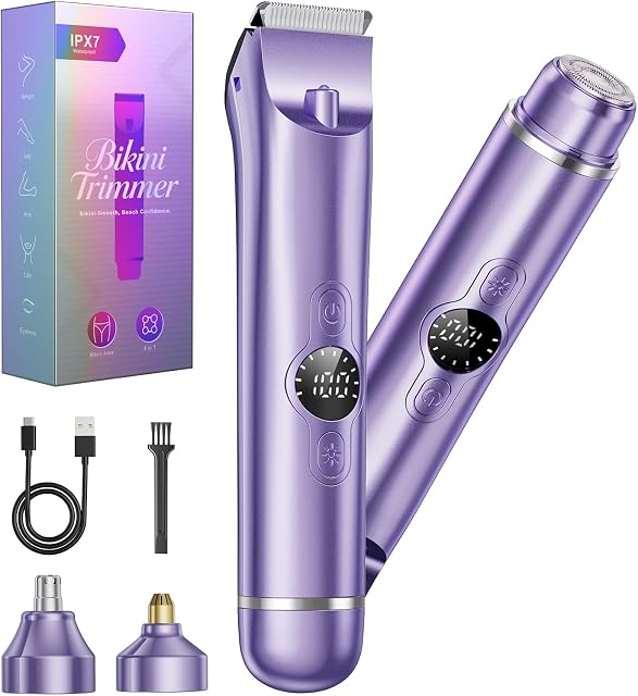 Bikini Trimmer pour les femmes, 4 en 1 Razors électriques pour femmes - Double tête, humide & Utilisation à sec Pubic Cheveux du corps Trimeur Électrique Rasoirs, Rechargeable femmes Rasoirs visage pour les jambes, Nez, aisselles, zone de bikini