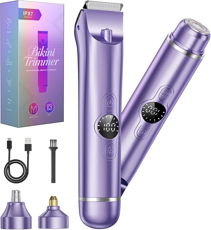 Aparador elétrico 4 em 1 WEQOEE para virilha, corpo e rosto, com duas cabeças, uso seco e úmido, roxo
