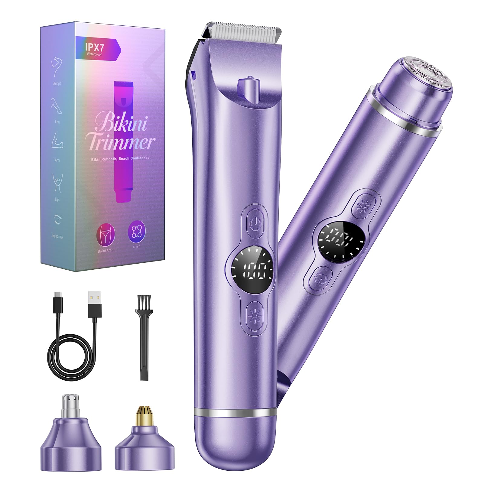 4 in 1 Bikini Trimmer for Women, Electric Razors for Women - Dual Head, Wet & Dry Use Pubic Body Hair Trimmer Electric Shavers, Womens Facial Razors for Legs, Armpits, Bikini Area，Purple