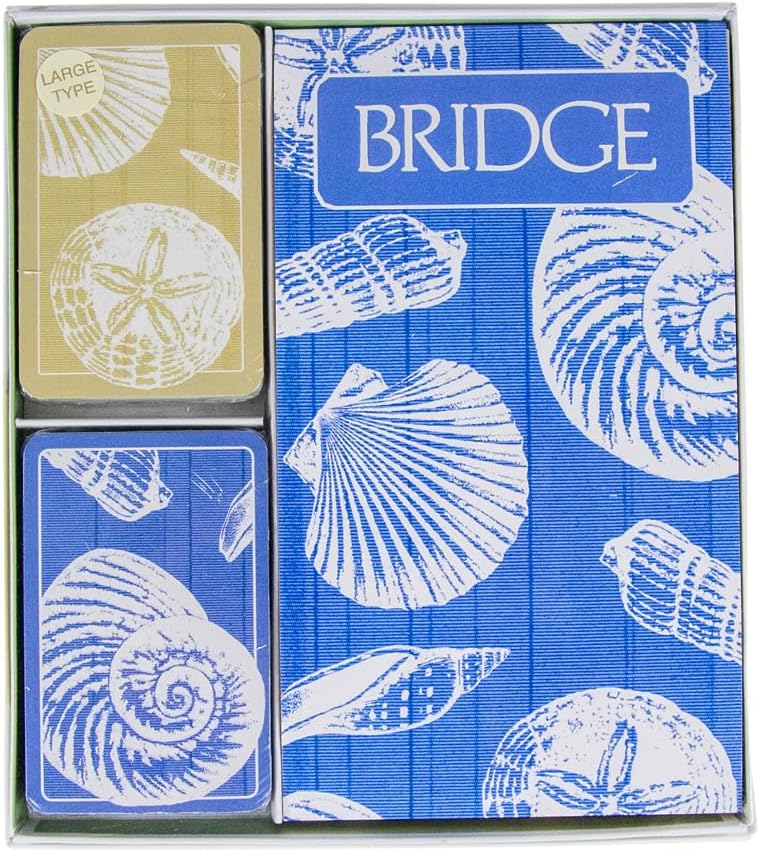 Caspari Shells Large Type Bridge Gift Set - 2 Playing Card Decks & 2 Score Pads
