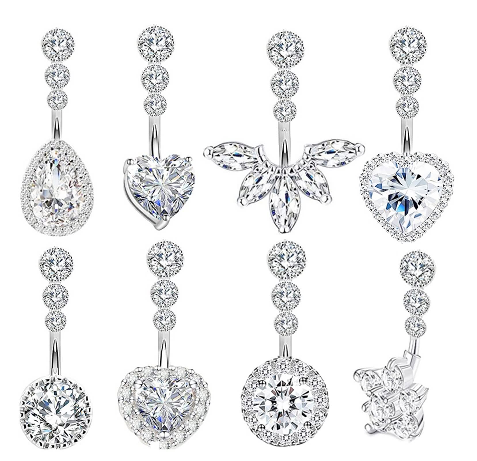 Nabelpiercing Chirurgenstahl, Bauchnabelpiercing Set 14 Gauge Schmuck Silber Herzblume und Runder Weißer Zirkonia 8 Stück