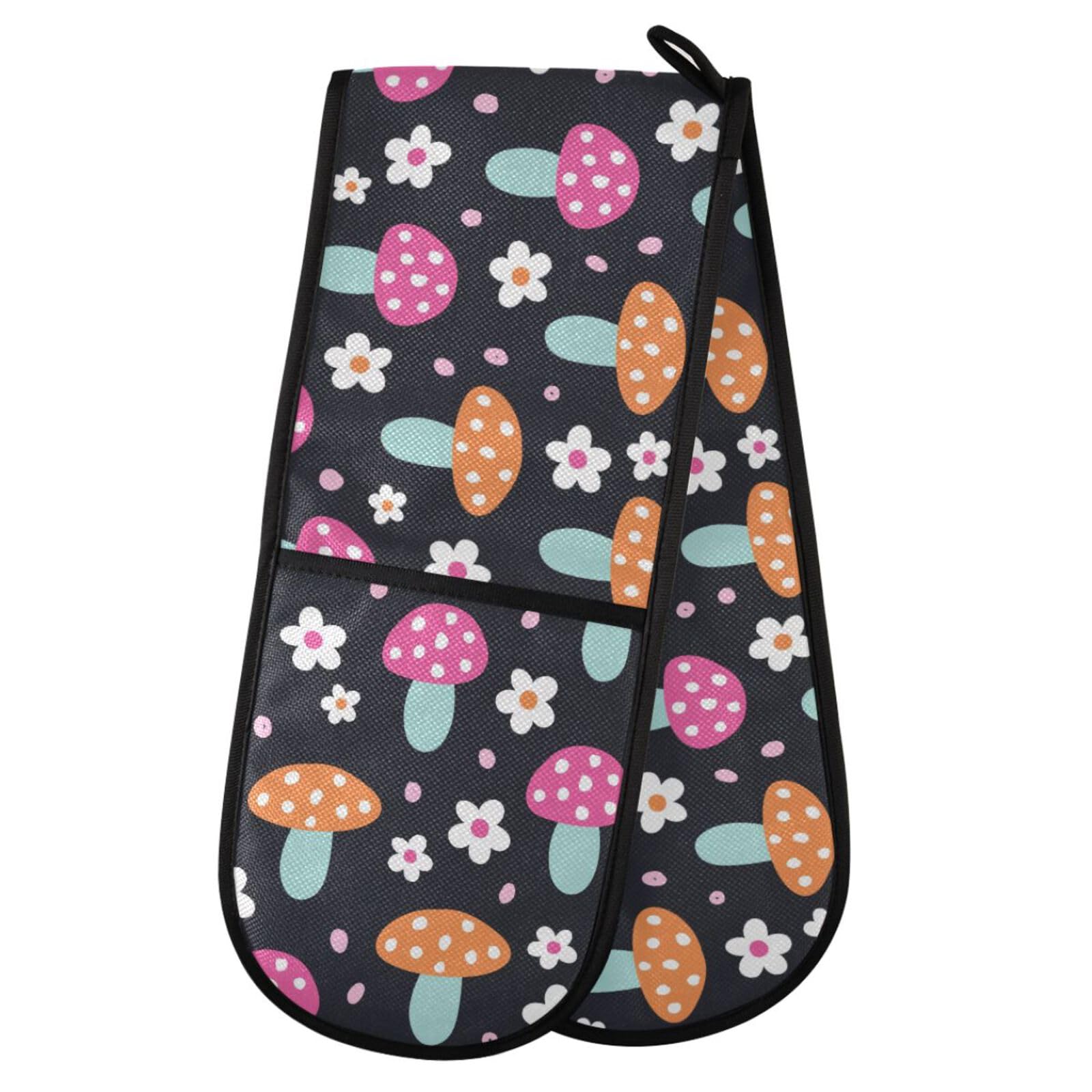 Mushroom Flowers Double Oven Mitt Heat Resistant Non-Slip Kitchen Gloves Extra Long 7" x 35" for Cooking Baking Barbecue Grilling