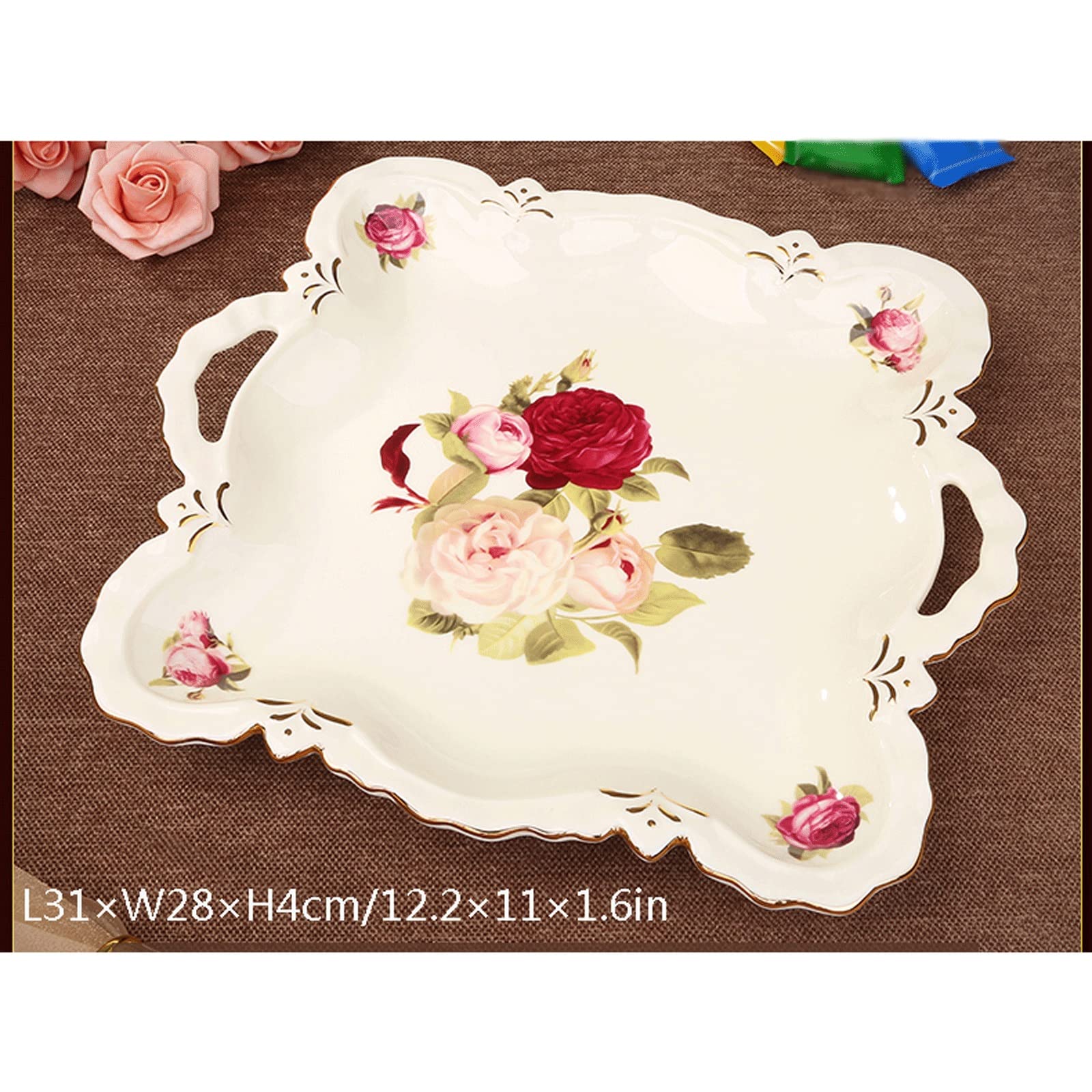 Bandeja Bandeja de cerámica con bandeja de mango Bandeja de servir con adornos de oro Tray decorativa Bandeja de flores Fits Cómoda Baño Cocina Café Mesa de centro Blanco Bandeja Antideslizante