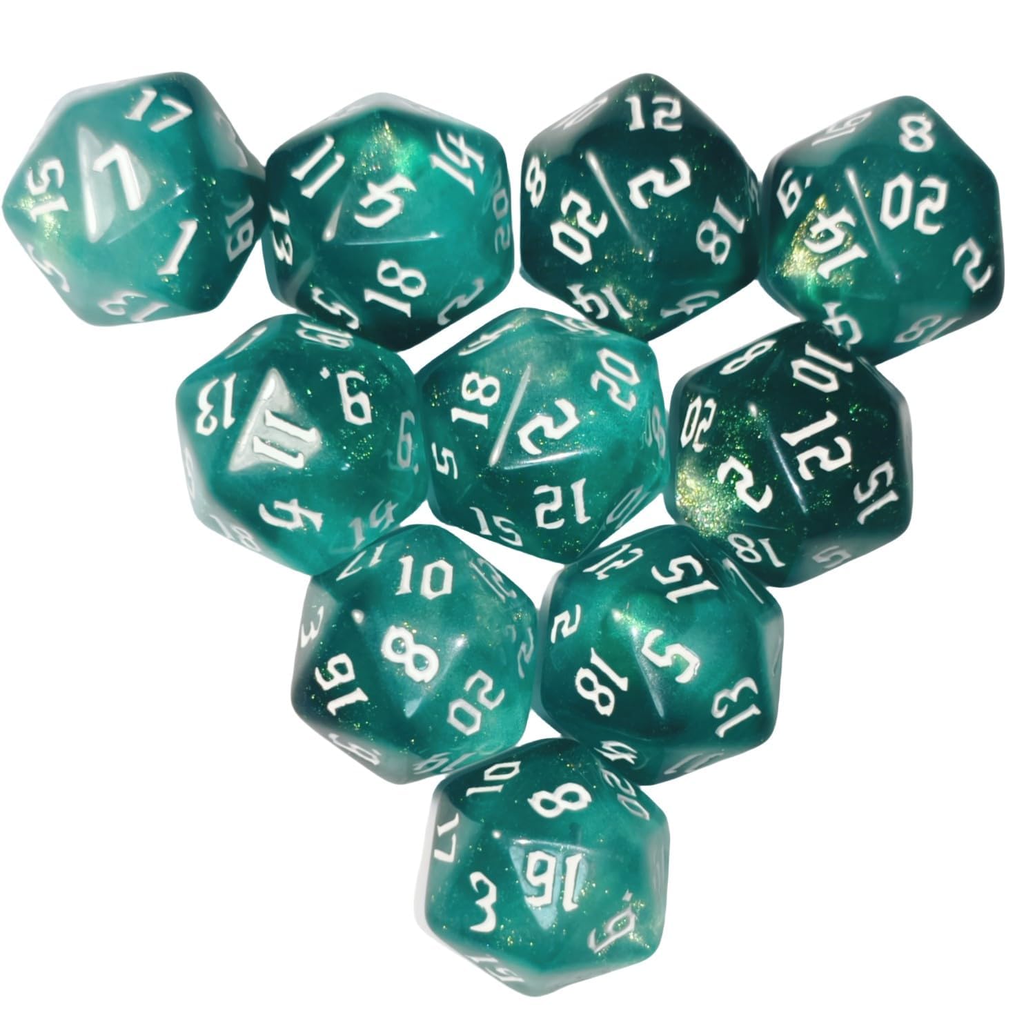 Dzxin DND Game D20 zestaw kości do gry, 10 szt., wielościenne kości D20, 20 mm, akrylowe, 20-stronne kości do gier RPG, MTG, DND, gry stołowe, zielone