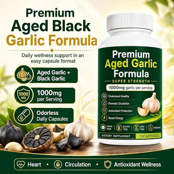 Premium Aged Black Garlic Capsules, Odorless Garlic Supplement 1000mg Per Serving with SAC, Heart & Circulation Support, Antioxidant Wellness Formula for Adults, 150 Capsules