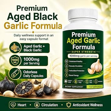 Premium Aged Black Garlic Capsules, Odorless Garlic Supplement 1000mg Per Serving with SAC, Heart & Circulation Support, Antioxidant Wellness Formula for Adults, 150 Capsules