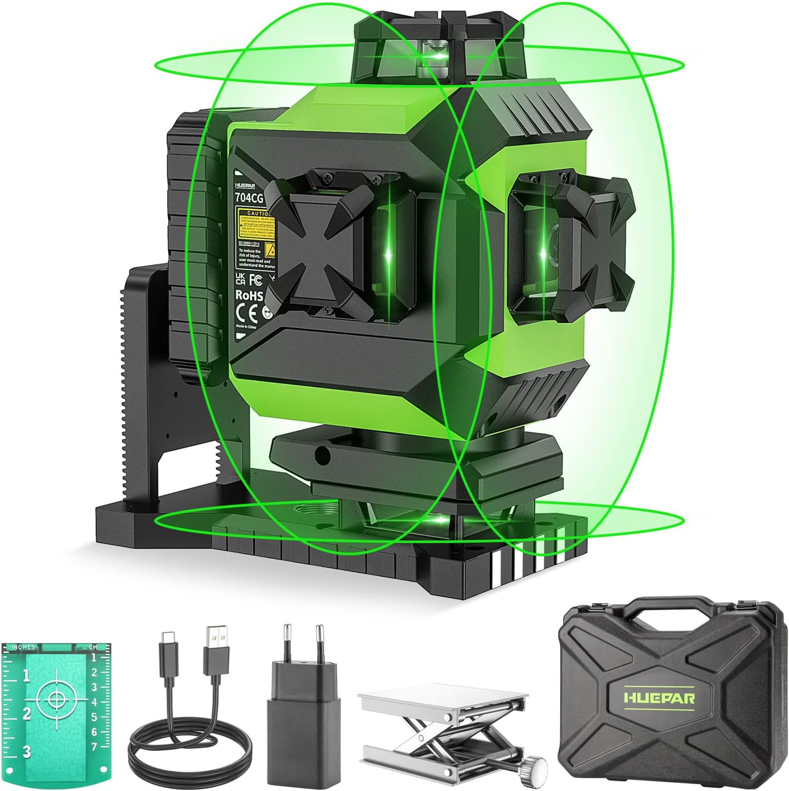 16 Lines 4D Laser Level Self-Leveling 4X360° Adjustable Brightness Cross Line Laser Green Laser Level with Pulse Mode, Magnetic Base, Li-ion Battery with Type-C Charging Port, Hard Carry Case