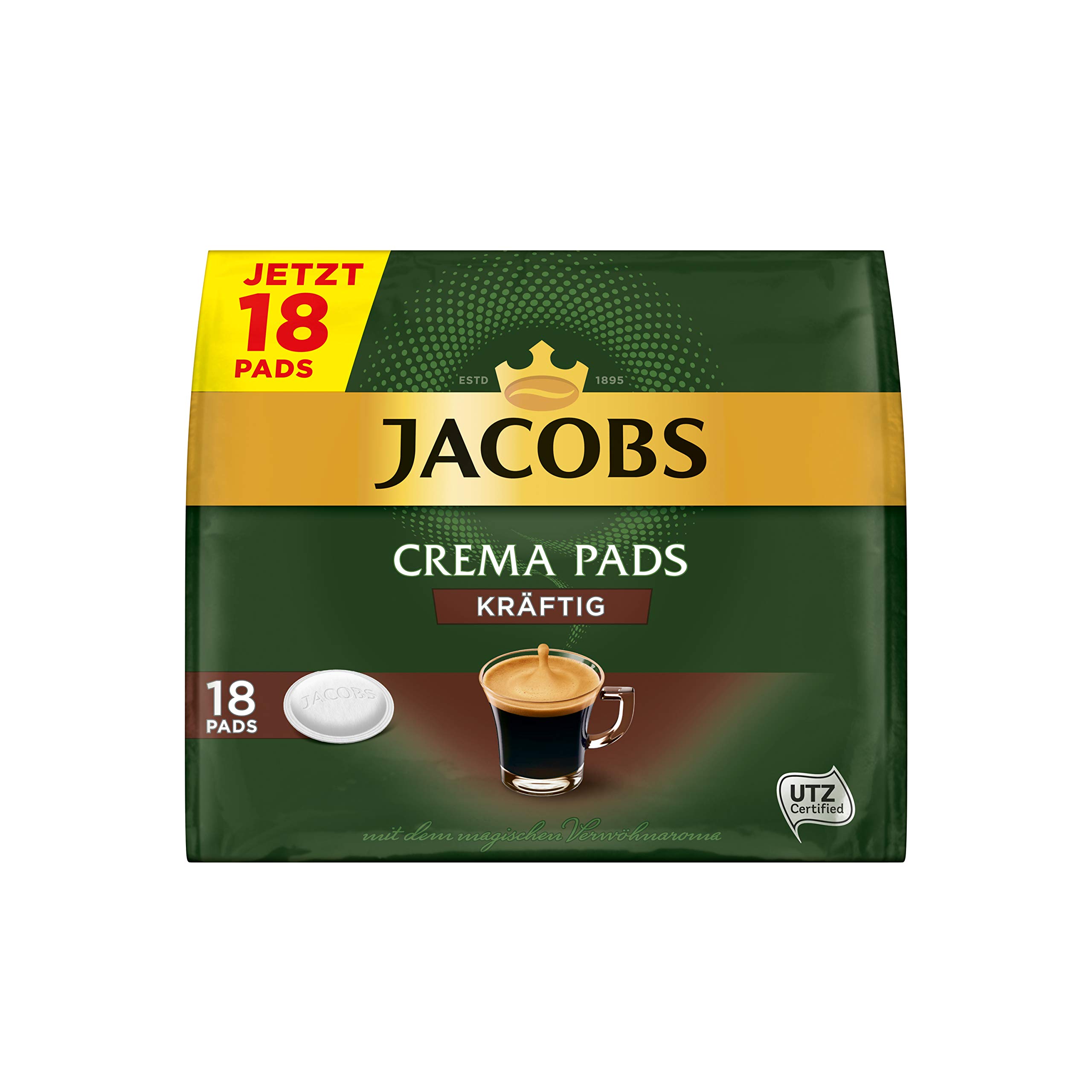 Jacobs Zestaw 5 opakowań po 18 kapsułek do kawy Crema o dużej mocy, kompatybilne z Senseo