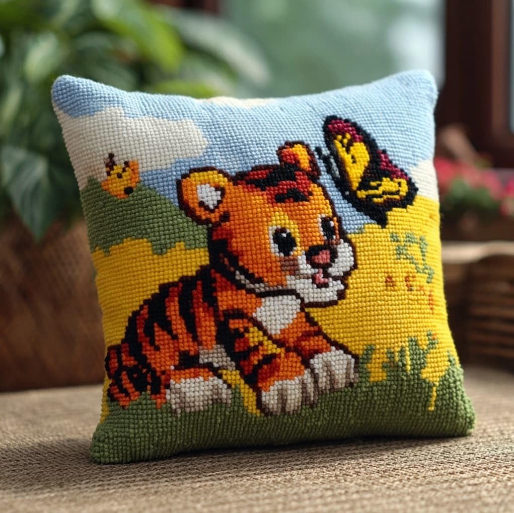 Axiangzik The Little Tiger And The Butterfly Diy Latch Hook Pillow Kit,