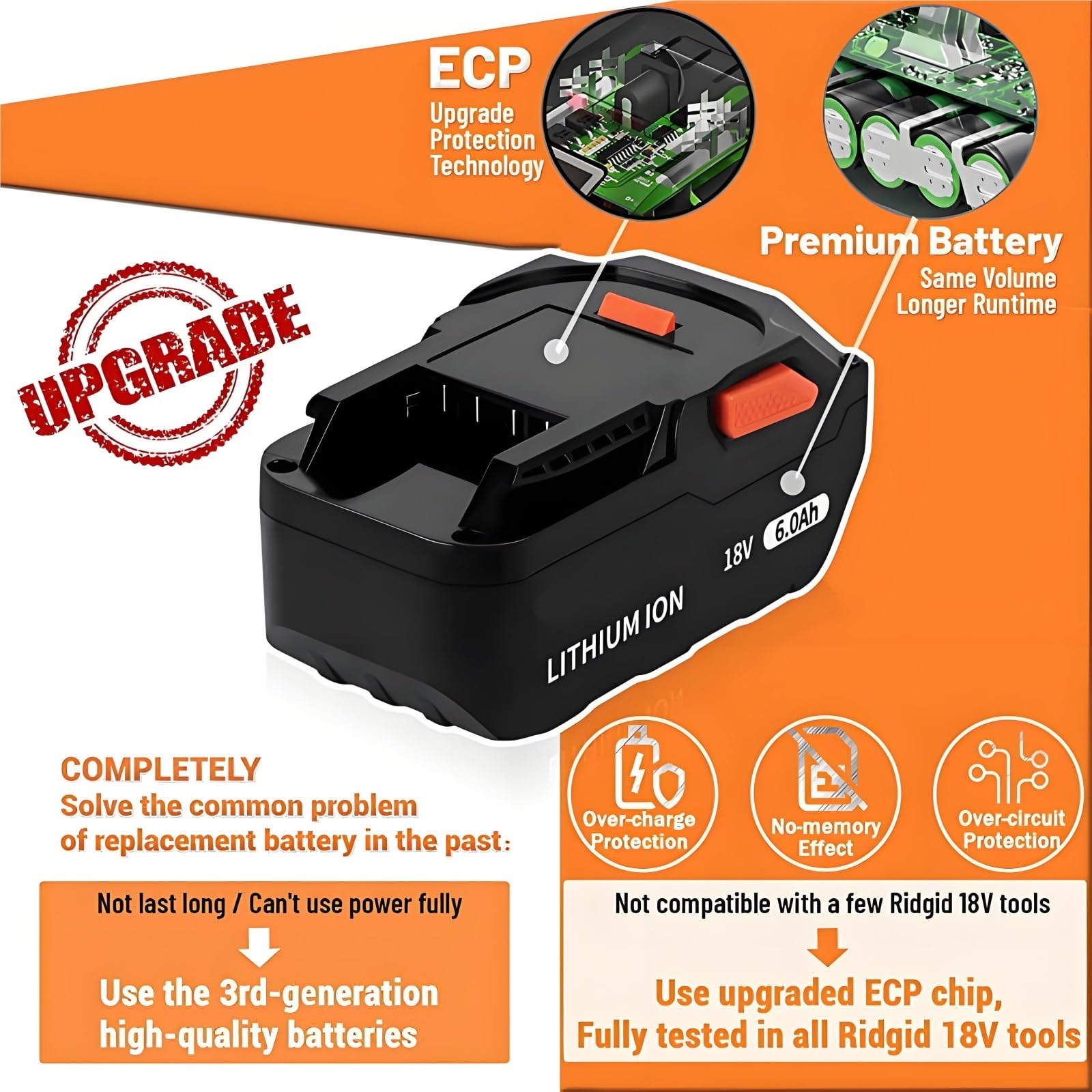 Batterie Li-Ion 18V 6000mAh, Compatible Avec RIDGID 18V R840083 R840085 R840086 R840087 Série, Compatible Avec AEG 18V Outil Sans Fil(1PC 6000mAh)