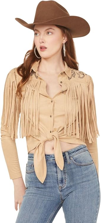 Idyllwind Womens Womens McKinney Faux Suede Long Sleeve Fringe Top - IWSP25K93-KHK Medium US Khaki