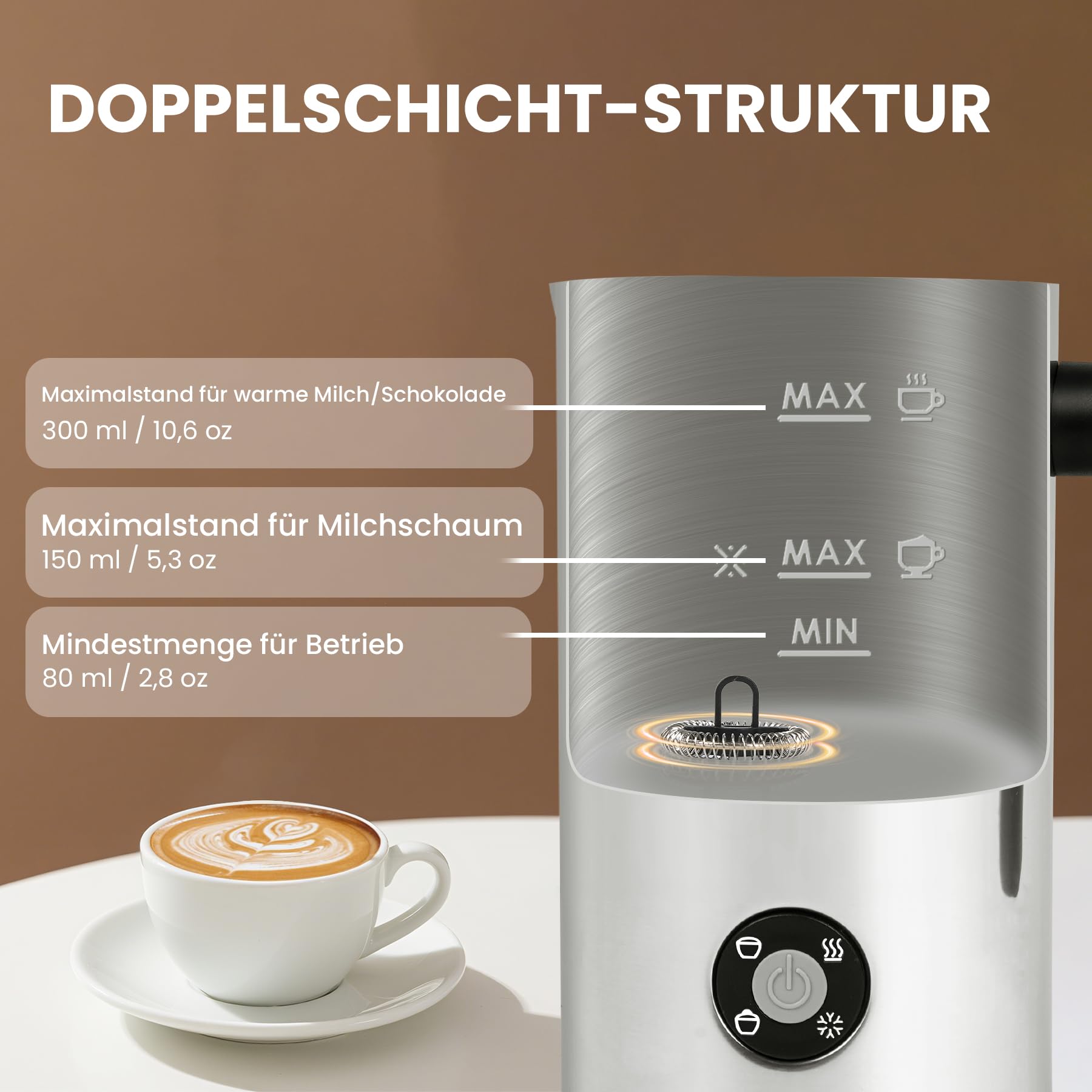 4 in 1 Milchaufschäumer Elektrisch, Automatische Heiß und Kaltaufschäumer mit Tastensteuerung, Milchwärmer aus Edelstahl, Elektrischer Milchaufschäumer für Kaffee Latte, Cappuccino