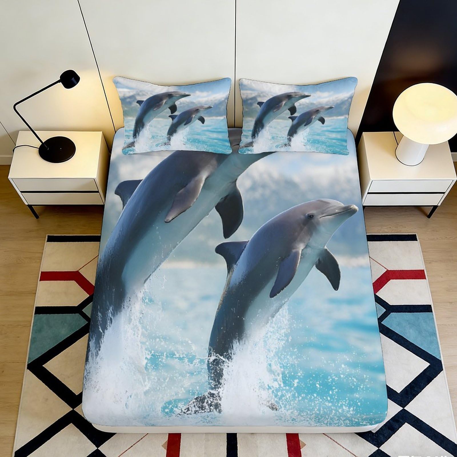 3D Printed Dolphin Ocean Fitted Sheet Microfiber Non-Slip Mattress Cover for Bedroom Guest Room Easy Care 200x200x25cm