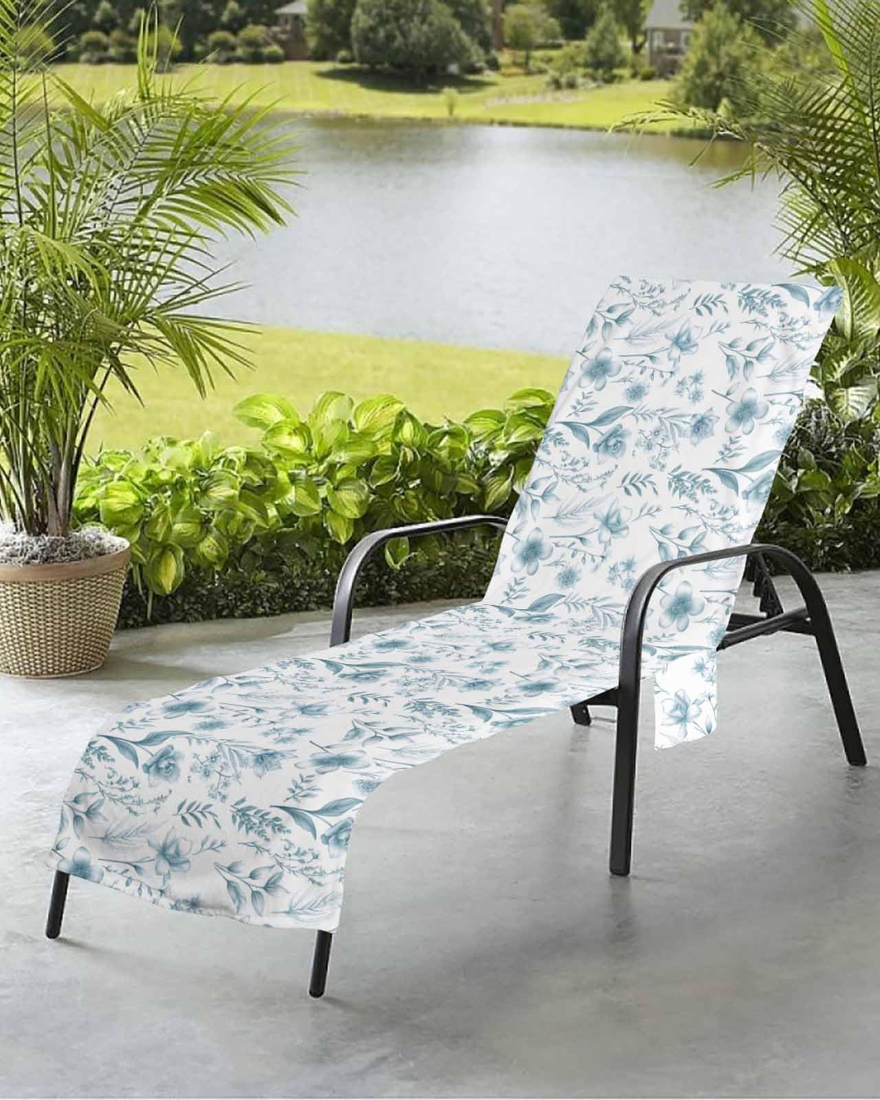 Green Flower Leaves Beach Chair Towel Covers for Chaise Lounge With Side Pocket, Soft Plush Pool Towels Cover for Patio Sunbathing Outdoor Botanical Plant Herb Spring Summer 29''x85''