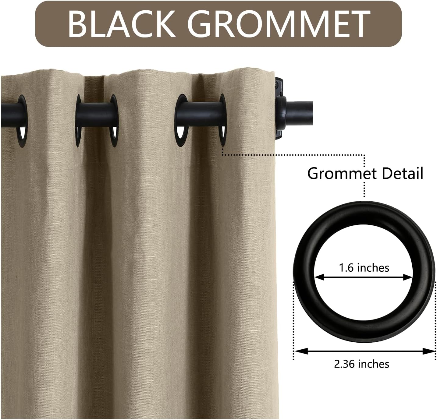 ChadMade Natural Cotton Linen Blend Curtain Black Grommet Lined Drape 84 Inches Long, Solid Light Filtering Curtain for Kitchen Privacy Window Treatment (W84 x L84, 1 Panel, Walnut)