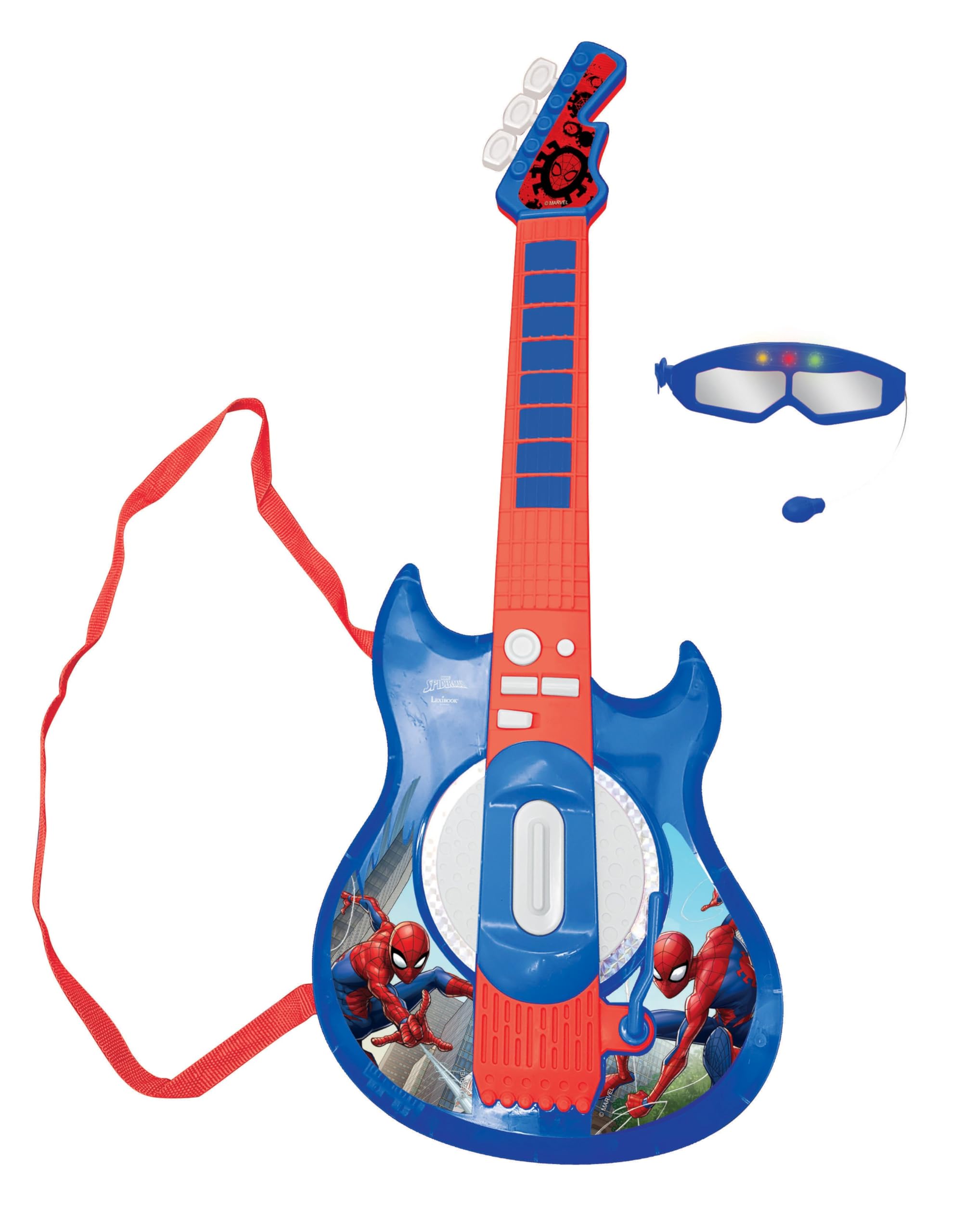 Lexibook, Spider-Man, Light-Up Electronic Guitar with microphone, glasses with microphone, melodies, 2 game modes, MP3 input, blue/red, K260SPLXB