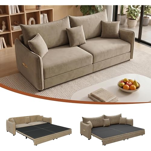 Yafylly 82" Queen Full Size 3-in-1 Convertible Sleeper Sofa Bed, Velvet Loveseat Pull Out Couch with Pillows for Living Room, Bedroom, Apartment, Office, Taupe