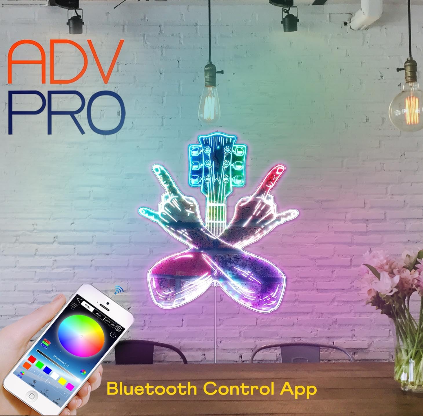 ADVPRO Guitar Rock n Roll Hand Rock Pop RGB Dynamic Glam LED Sign - Cut-to-Edge Shape - Smart 3D Decoration - Multicolor Signage st06s66-fnd-i0025-c