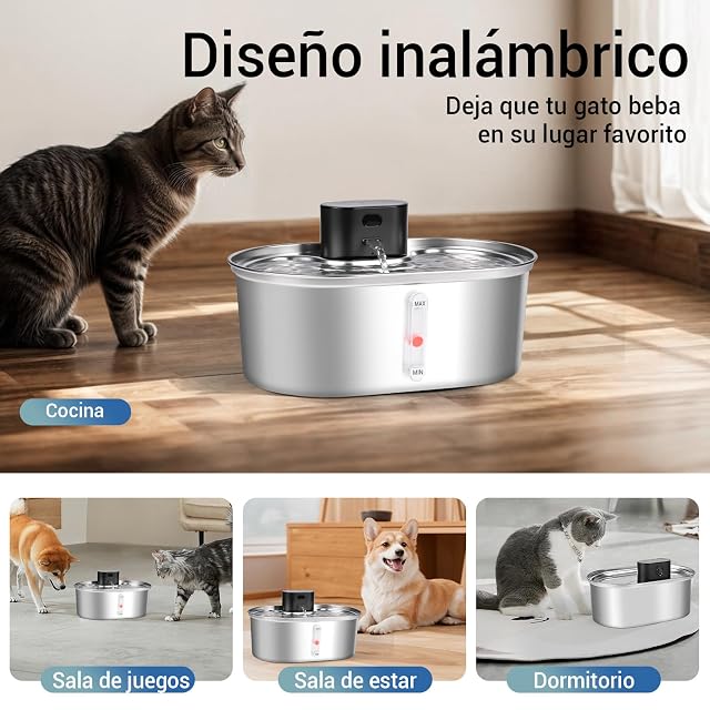 Foto 7 de 7 de Dreamhigh® 3,5L Fuente para Gatos Acero Inoxidable, 5000 mAh Inalambrica con Sensor de Movimiento