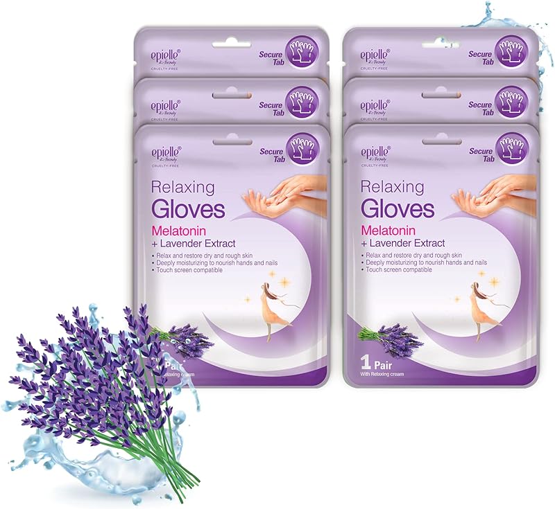 Epielle Mascarilla relajante para manos 6 pares, suaviza y restaura con melatonina y extracto de lavanda, guantes hidratantes profundos para manos secas y agrietadas, regalos de cuidado personal para mujeres, kit de spa