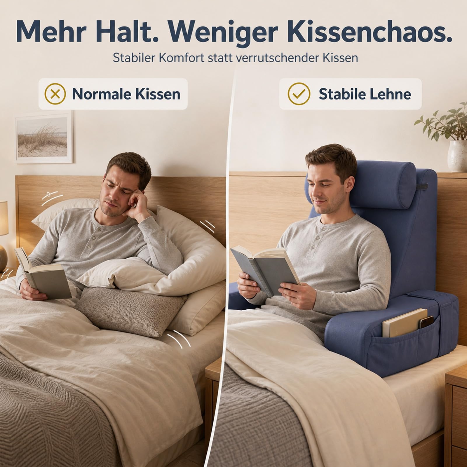 Lesekissen für Bett und Sofa, Ergonomisches Rückenkissen mit kühlendem Eisseide-Bezug, Memoryschaum, Verstellbarer Rückenstütze und abnehmbaren Armlehnen, großes Keilkissen zum Lesen 50cm