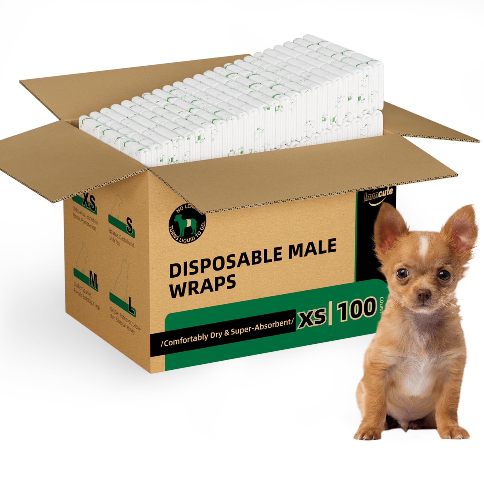 IMMCUTE Dog Diapers Male 100 Ct, XSmall, Male Dog Diapers Disposable with Wetness Indicator, Adjustable Male Dog Wraps